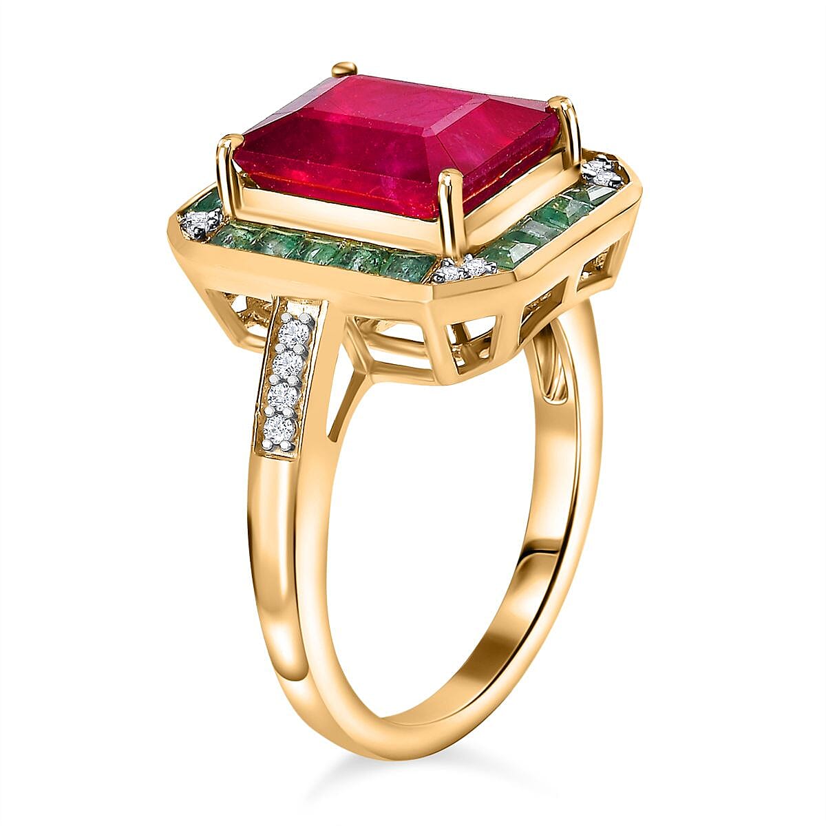 African Ruby, Gemfields Emerald & Natural Zircon Ring in 18K Gold Vermeil Sterling Silver 5.60 Ct