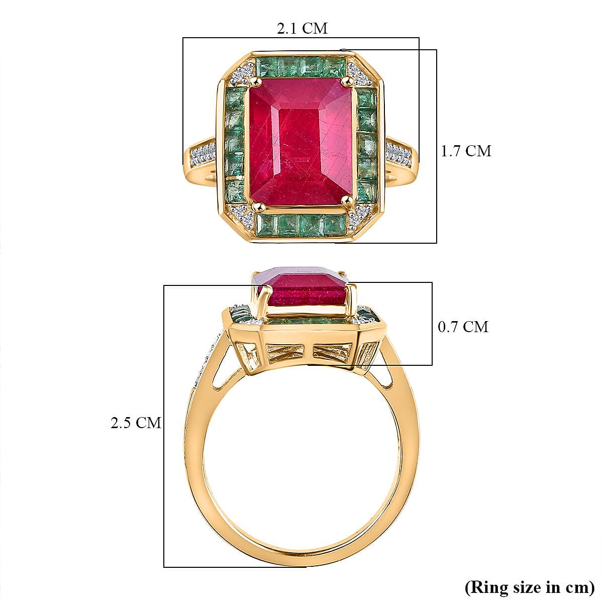 African Ruby, Gemfields Emerald & Natural Zircon Ring in 18K Gold Vermeil Sterling Silver 5.60 Ct