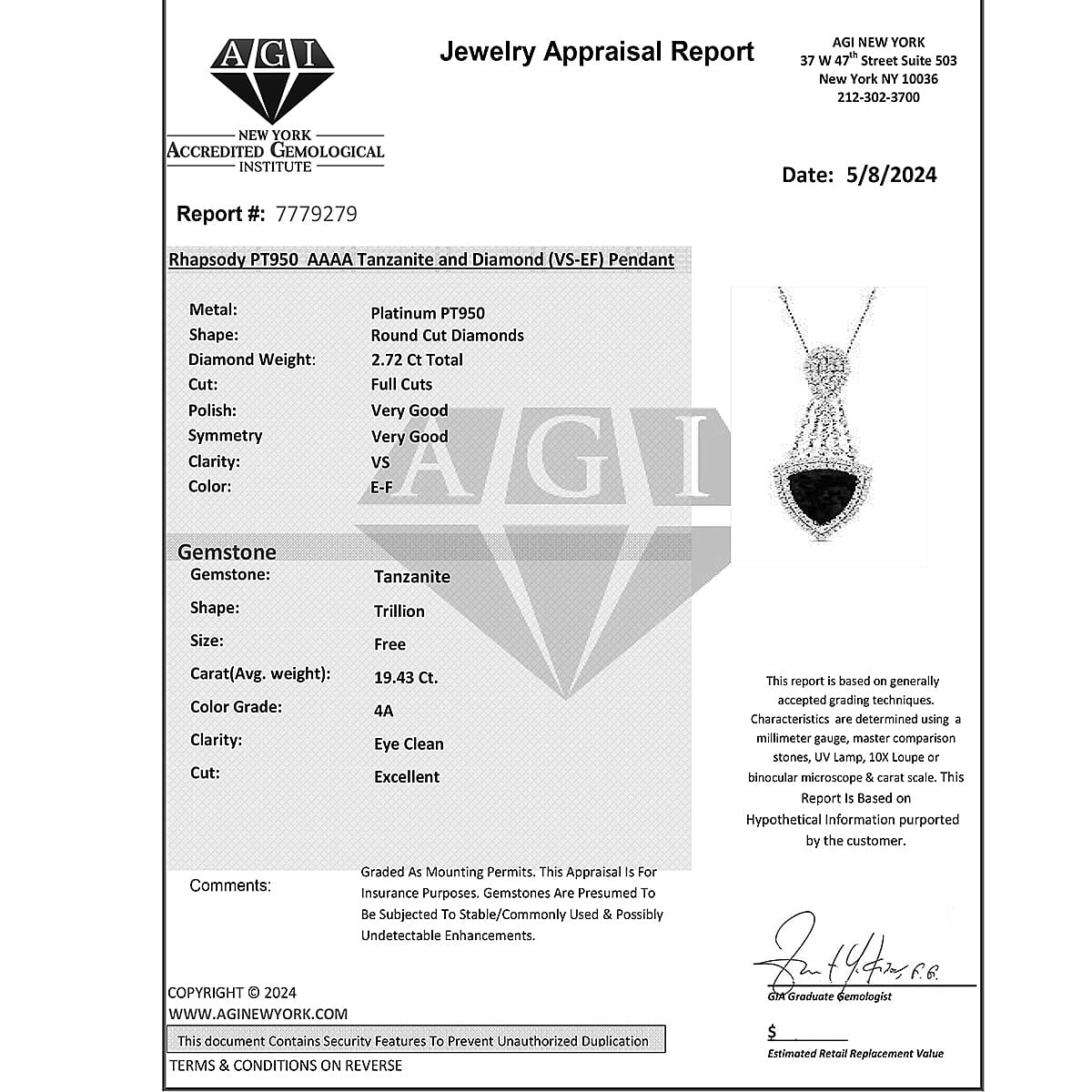 Certified and Appraised RHAPSODY 950 Platinum AAAA Tanzanite, E-F VS Diamond Necklace 22.15 ct.