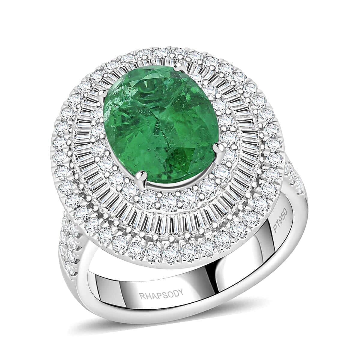 Certified and Appraised RHAPSODY 950 Platinum AAAA Kagem Zambian Emerald, Diamond Ring 5.40 Ct