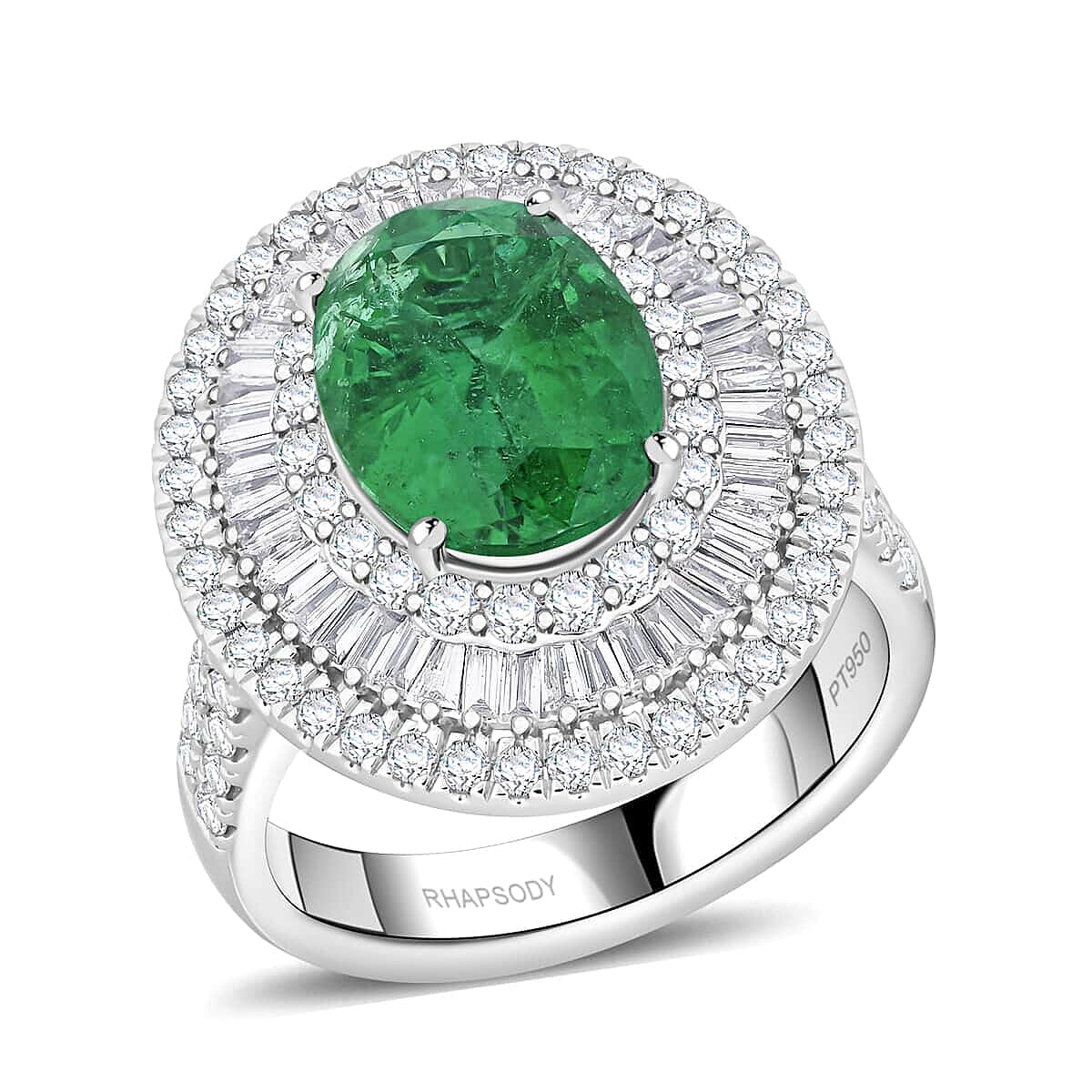 Certified and Appraised RHAPSODY 950 Platinum AAAA Kagem Zambian Emerald, Diamond Ring 5.40 Ct