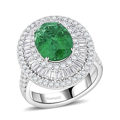 Certified and Appraised RHAPSODY 950 Platinum AAAA Kagem Zambian Emerald, Diamond Ring 5.40 Ct