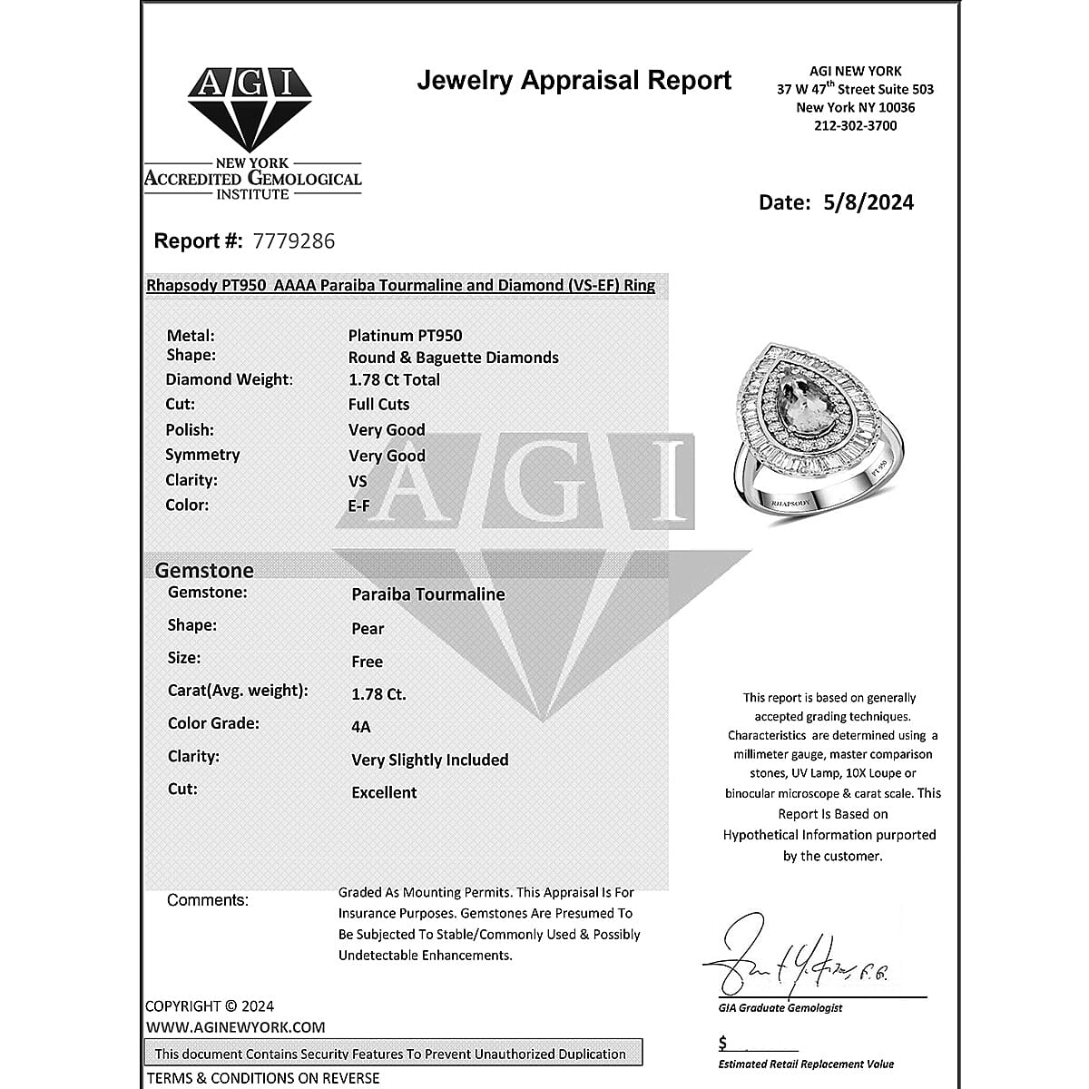 Certified and Appraised RHAPSODY 950 Platinum AAAA Paraiba Tourmaline, E-F VS Diamond Ring 3.20 Ct