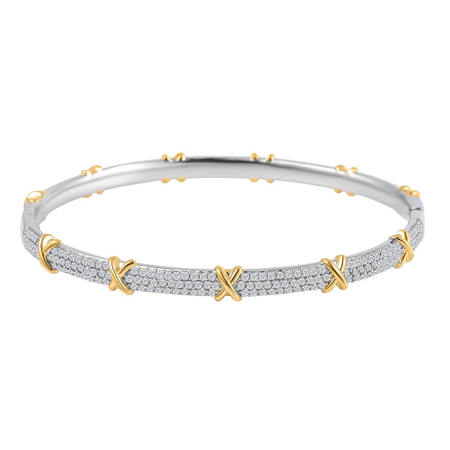 Designer Close Out - Cubic Zirconia Criss Cross Bangle in Yellow tone and Silvertone (Size - 7.5 )