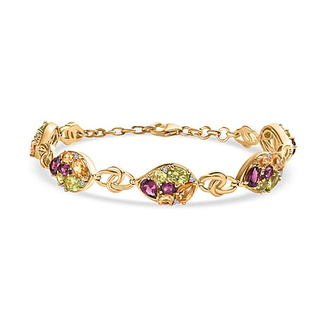 GP Leaf Collection - Rhodolite Garnet & Multi Gemstones Cluster Bracelet (Size - 7.5) in 18K Vermeil YG Plated Sterling Silver 10.01 Ct, Silver Wt. 14.70 Gms