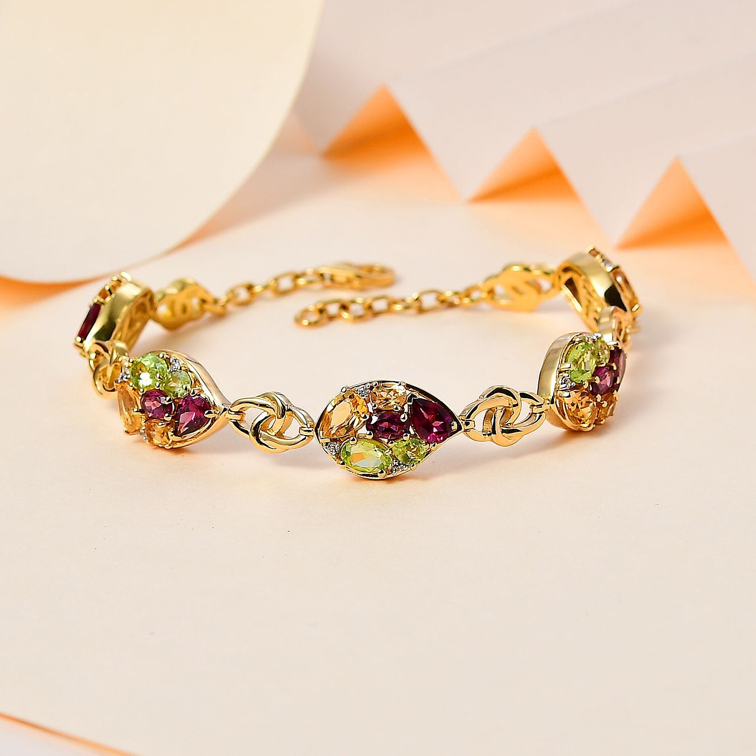 GP Leaf Collection - Rhodolite Garnet & Multi Gemstones Cluster Bracelet (Size - 7.5) in 18K Vermeil YG Plated Sterling Silver 10.01 Ct, Silver Wt. 14.70 Gms