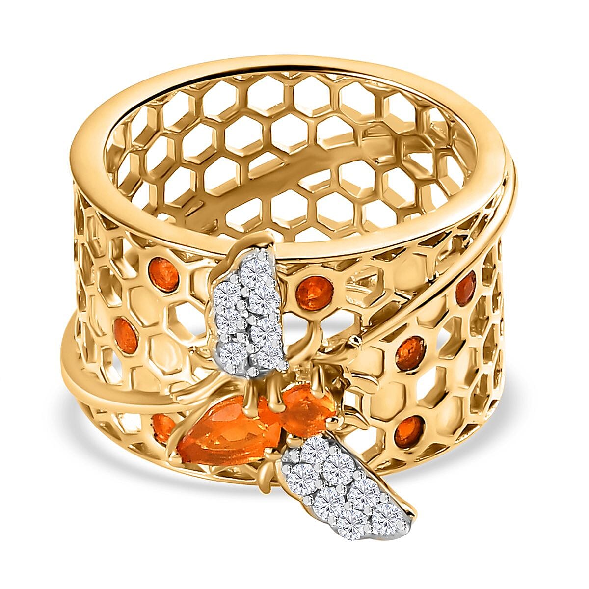 GP Honeycomb Collection - Fire Opal & Natural Zircon Ring in 18K YG Vermeil Plated Sterling Silver, Silver Wt. 6.52 Gms