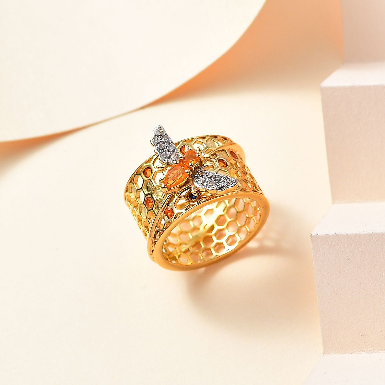 GP Honeycomb Collection - Fire Opal & Natural Zircon Ring in 18K YG Vermeil Plated Sterling Silver, Silver Wt. 6.52 Gms