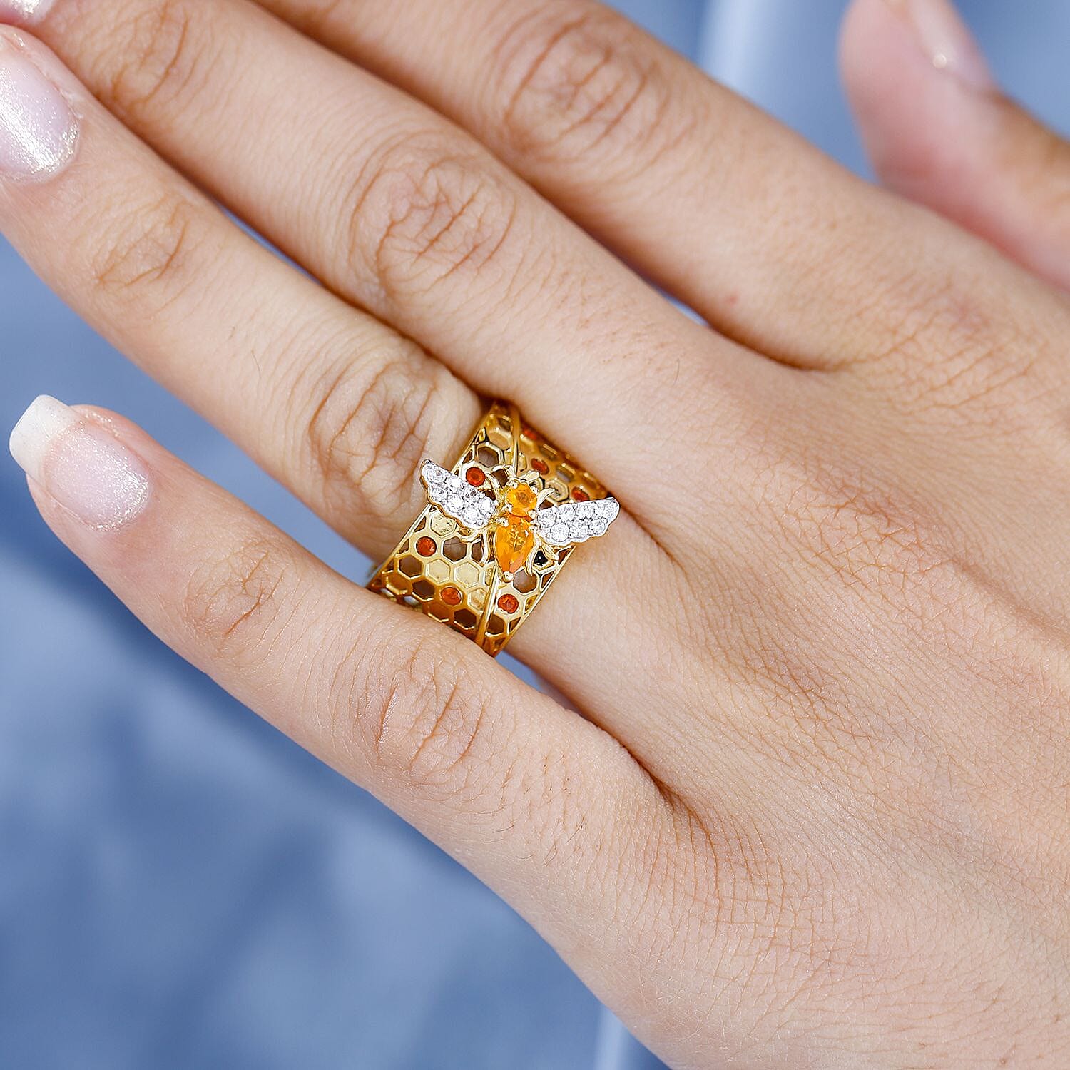 GP Honeycomb Collection - Fire Opal & Natural Zircon Ring in 18K YG Vermeil Plated Sterling Silver, Silver Wt. 6.52 Gms