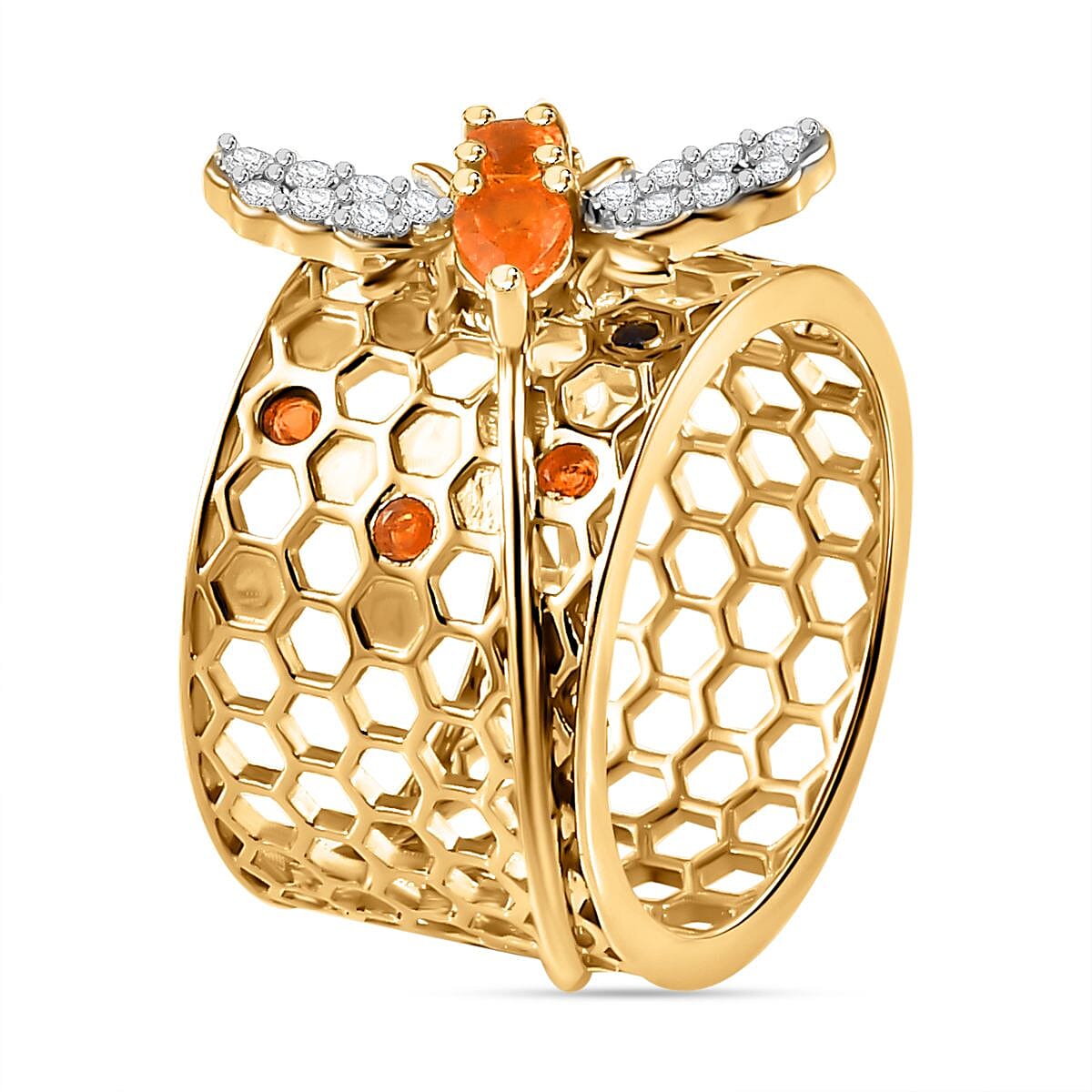 GP Honeycomb Collection - Fire Opal & Natural Zircon Ring in 18K YG Vermeil Plated Sterling Silver, Silver Wt. 6.52 Gms
