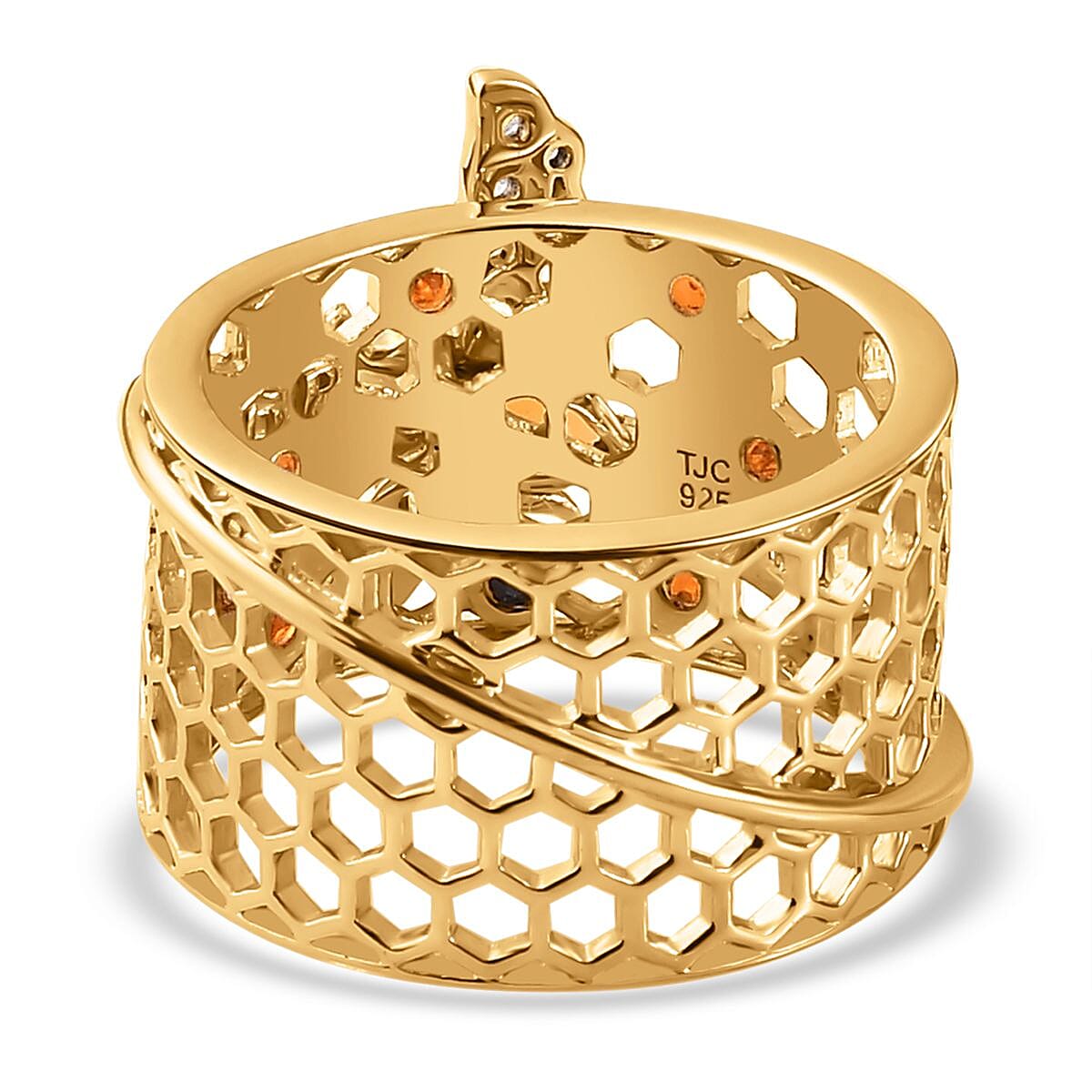 GP Honeycomb Collection - Fire Opal & Natural Zircon Ring in 18K YG Vermeil Plated Sterling Silver, Silver Wt. 6.52 Gms