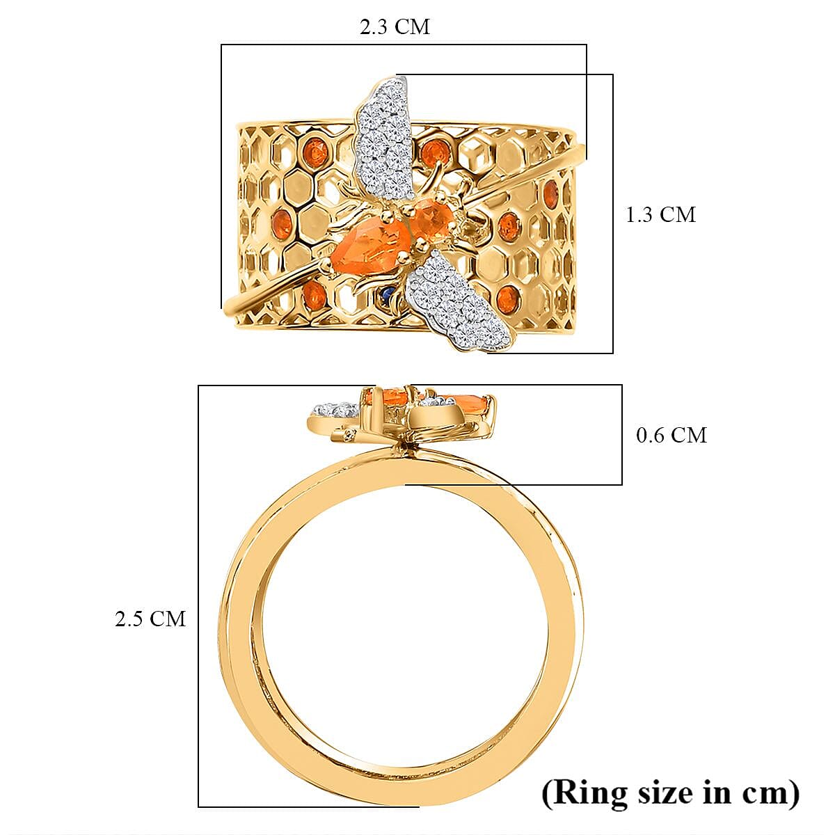 GP Honeycomb Collection - Fire Opal & Natural Zircon Ring in 18K YG Vermeil Plated Sterling Silver, Silver Wt. 6.52 Gms
