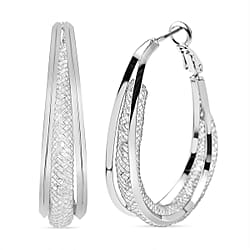 White Austrian Crystal Hoop Earrings in Silver Tone