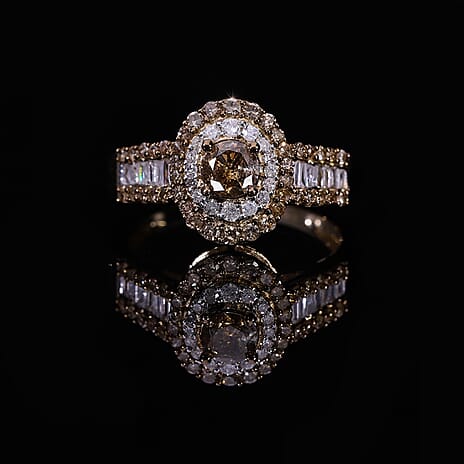 Doorbuster - 9K Yellow Gold SGL Certified Natural Champagne and White Diamond Ring 1.00 ct (Center Stone 0.36cts)