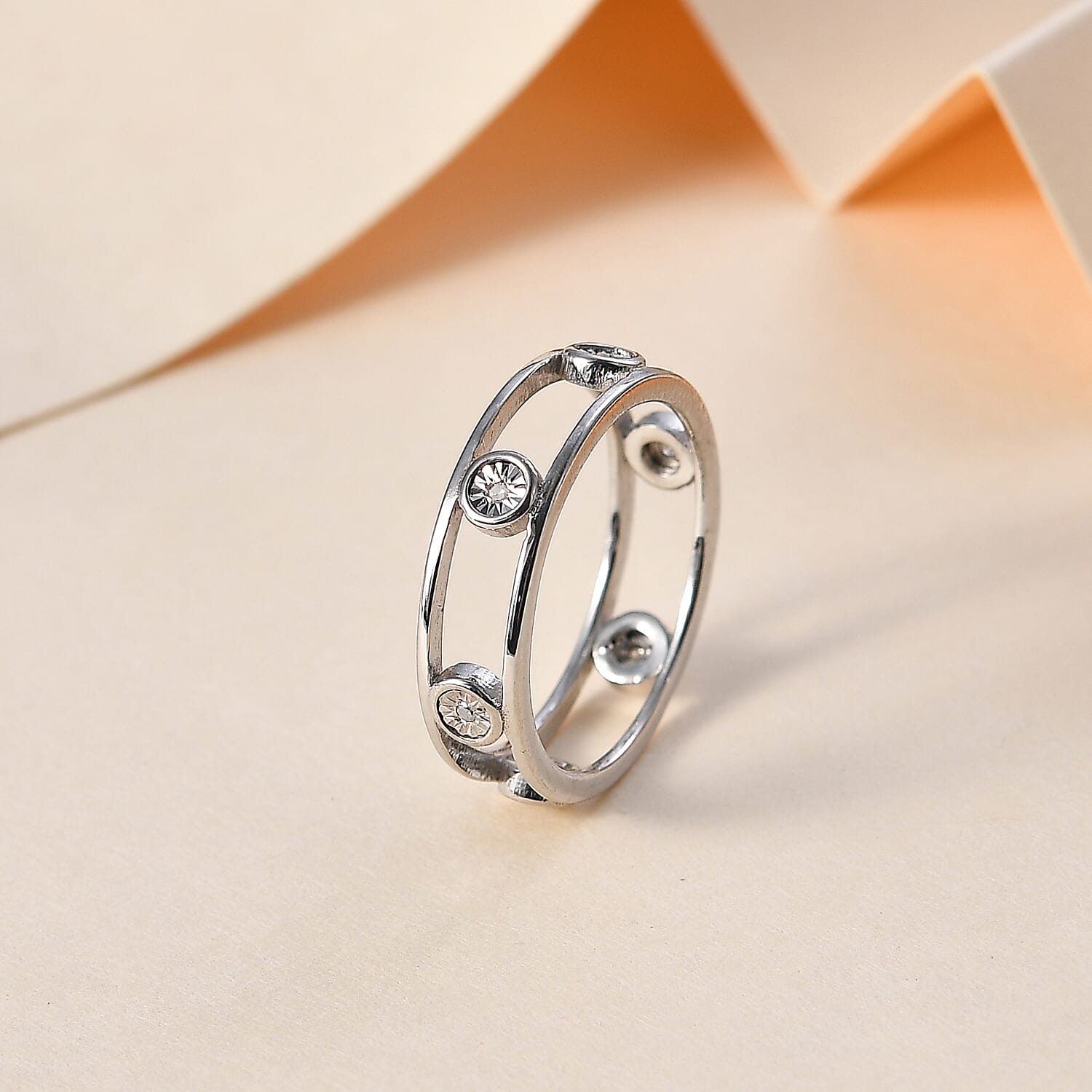 Diamond 6 Stone Band Ring in Rhodium Overlay Sterling Silver