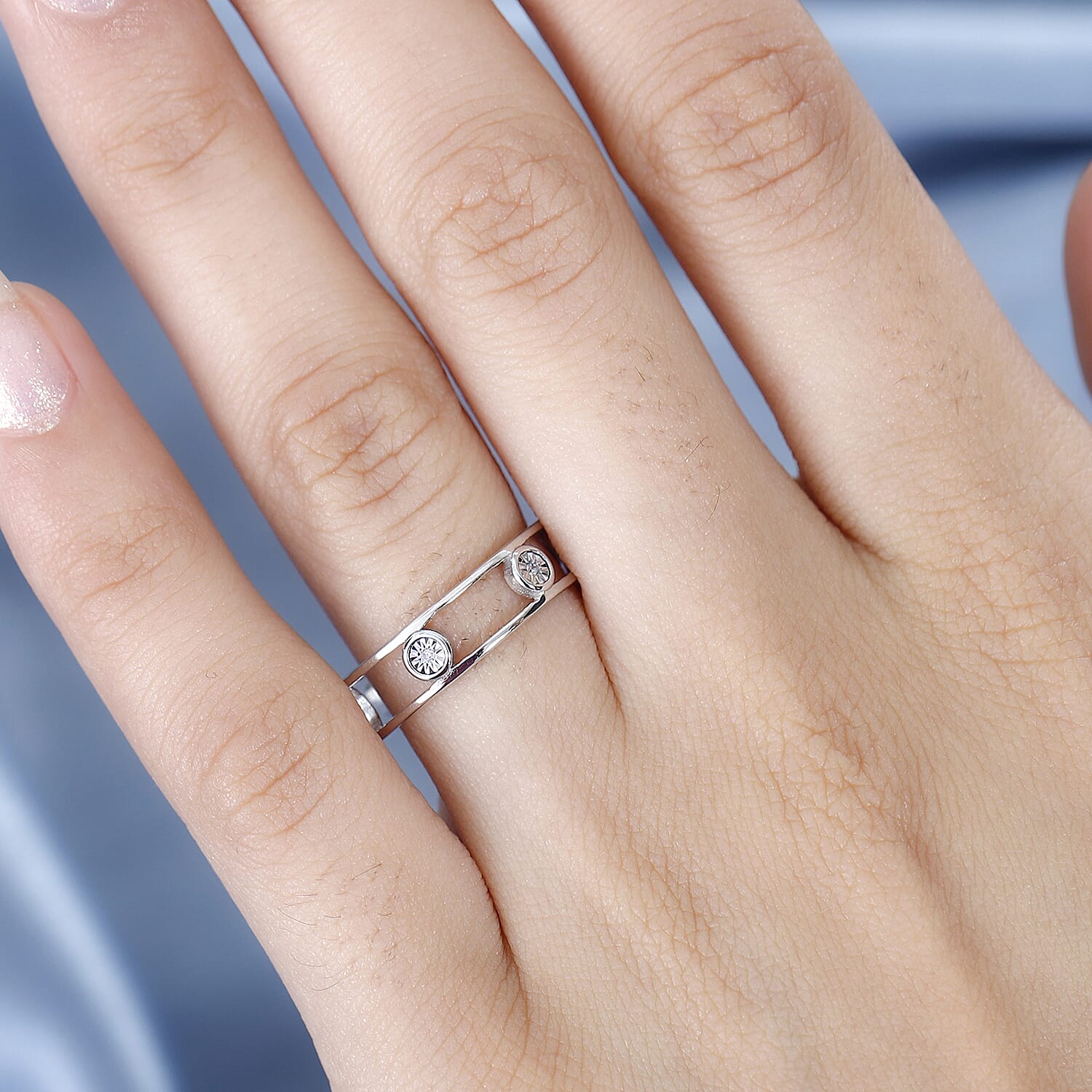 Diamond 6 Stone Band Ring in Rhodium Overlay Sterling Silver