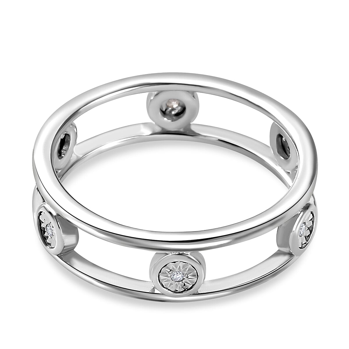 Diamond 6 Stone Band Ring in Rhodium Overlay Sterling Silver