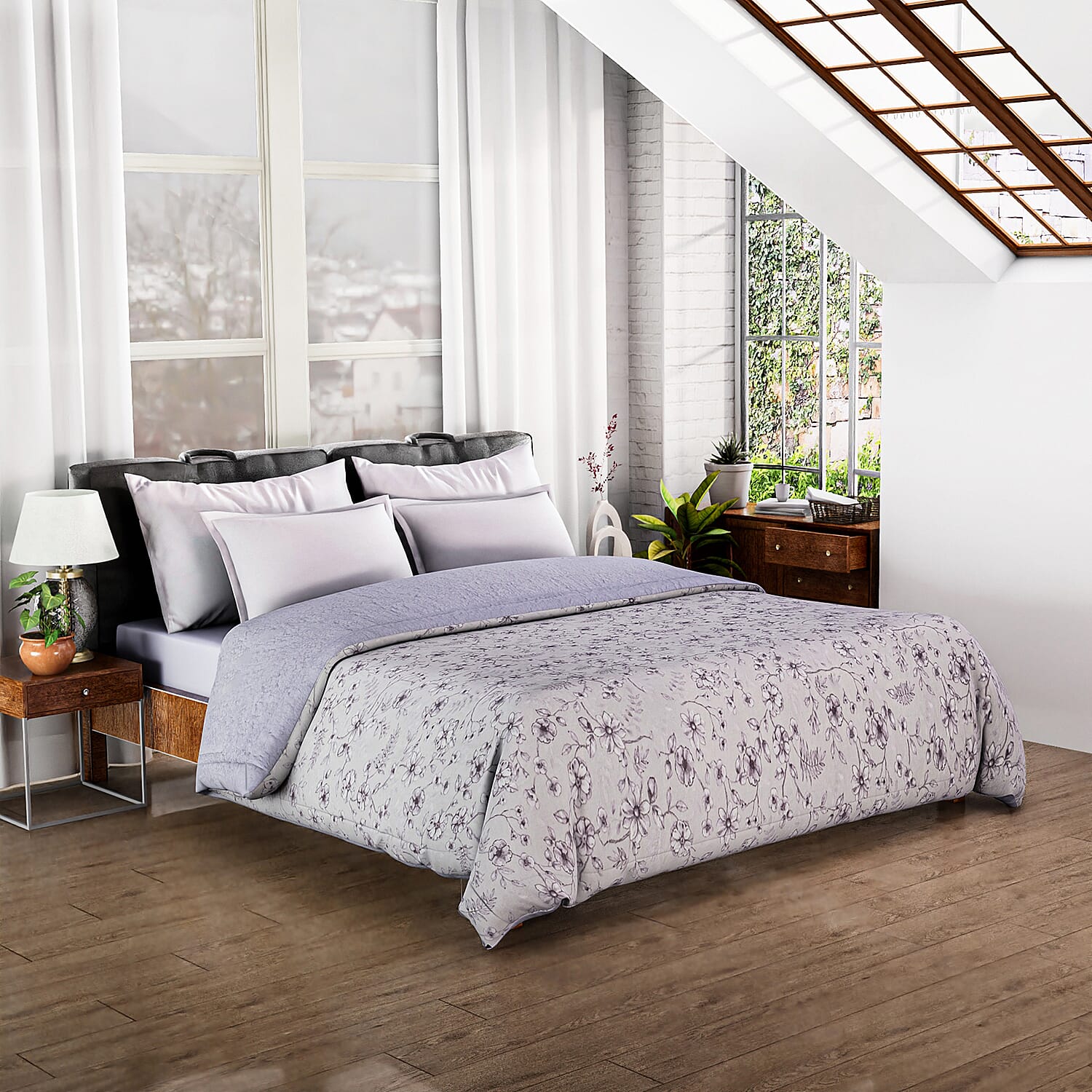 Polyester Flower and Leaves Blanket (Size 2x1 m) - White & Blue