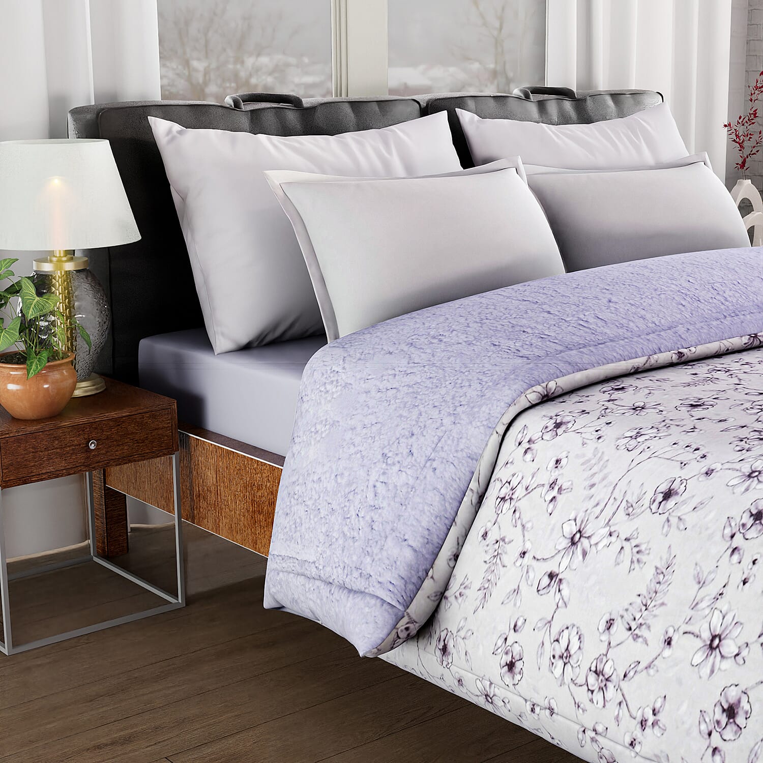 Polyester Flower and Leaves Blanket (Size 2x1 m) - White & Blue