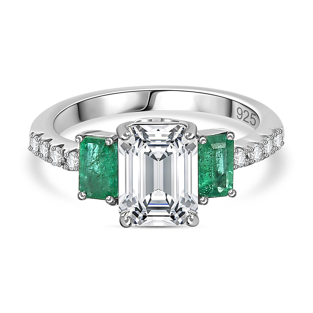 Moissanite & Emerald Ring in Rhodium Overlay Sterling Silver 2.30 Ct
