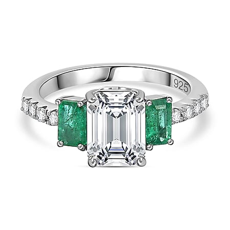 Moissanite & Emerald Ring in Rhodium Overlay Sterling Silver 2.26 Ct