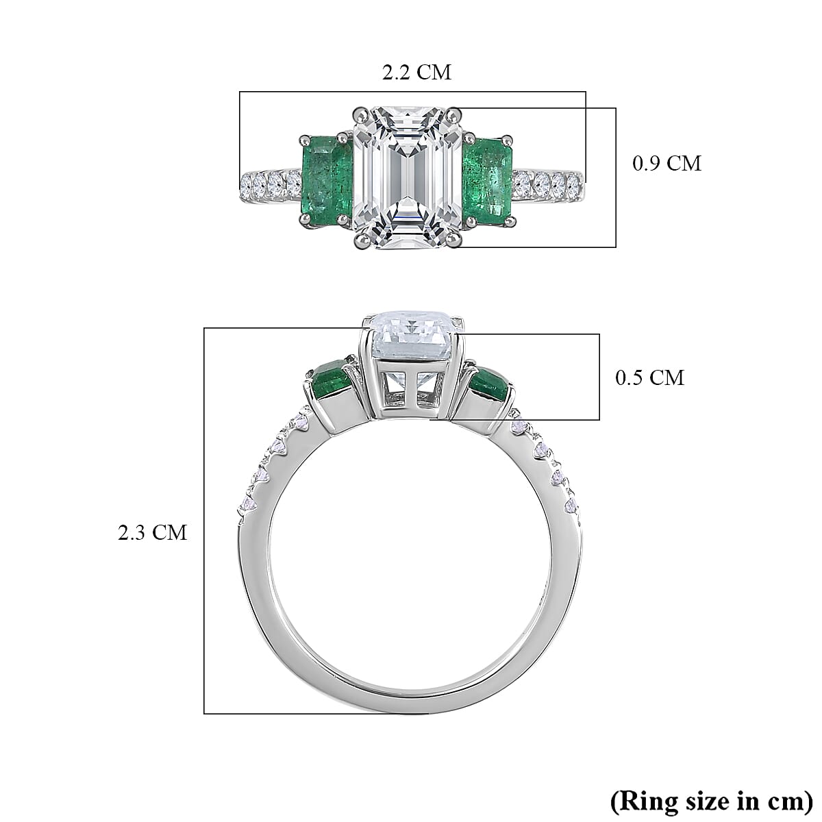 Moissanite & Emerald Ring in Rhodium Overlay Sterling Silver 2.26 Ct Moissanite & Emerald Ring in Rhodium Overlay Sterling Silver 2.26 Ct
