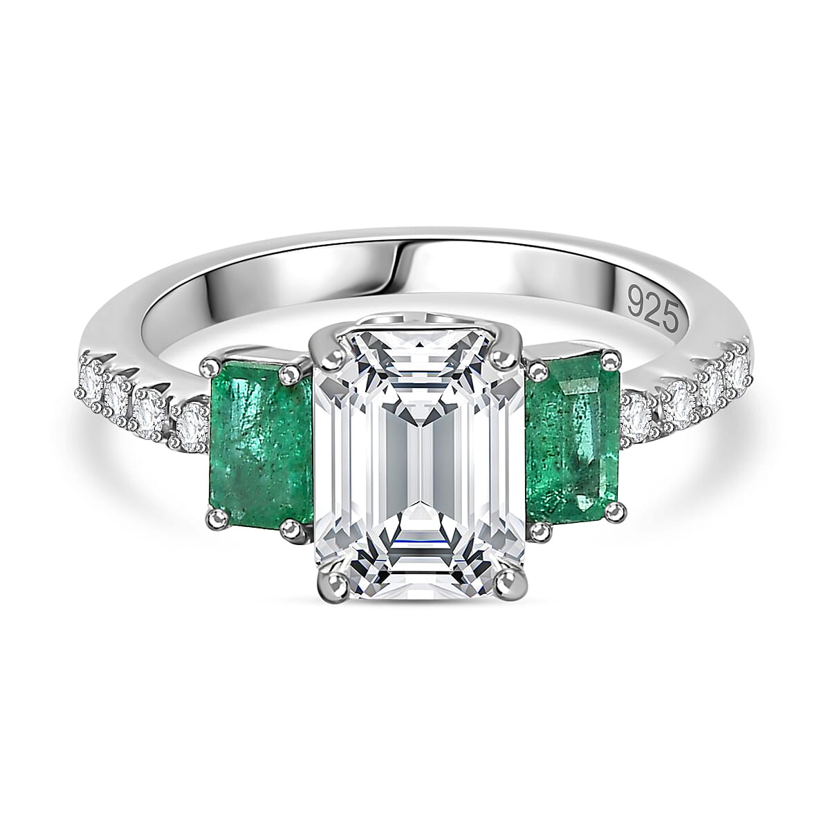 Moissanite & Emerald Ring in Rhodium Overlay Sterling Silver 2.26 Ct