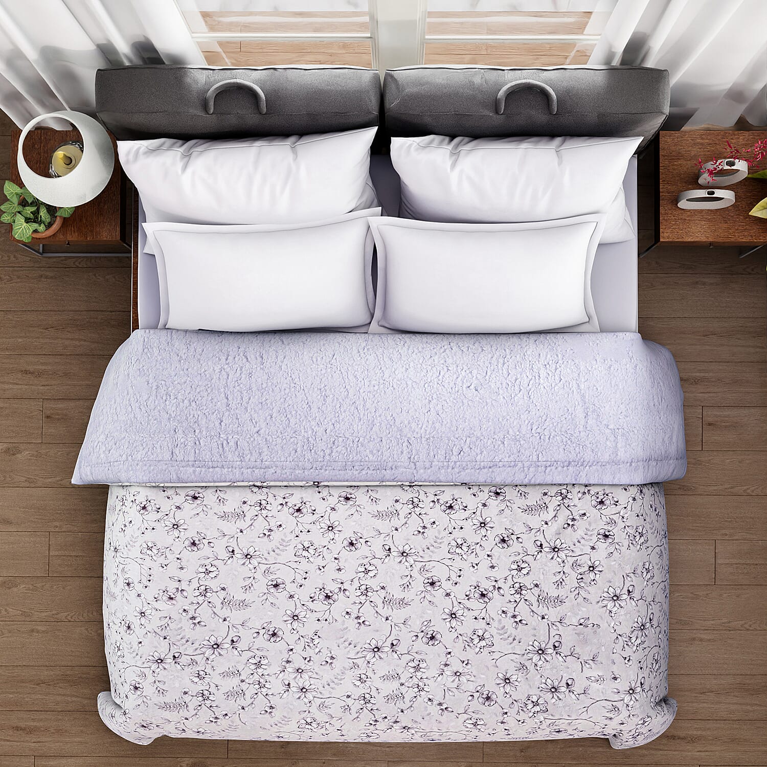 Polyester Flower and Leaves Blanket (Size 2x1 m) - White & Blue