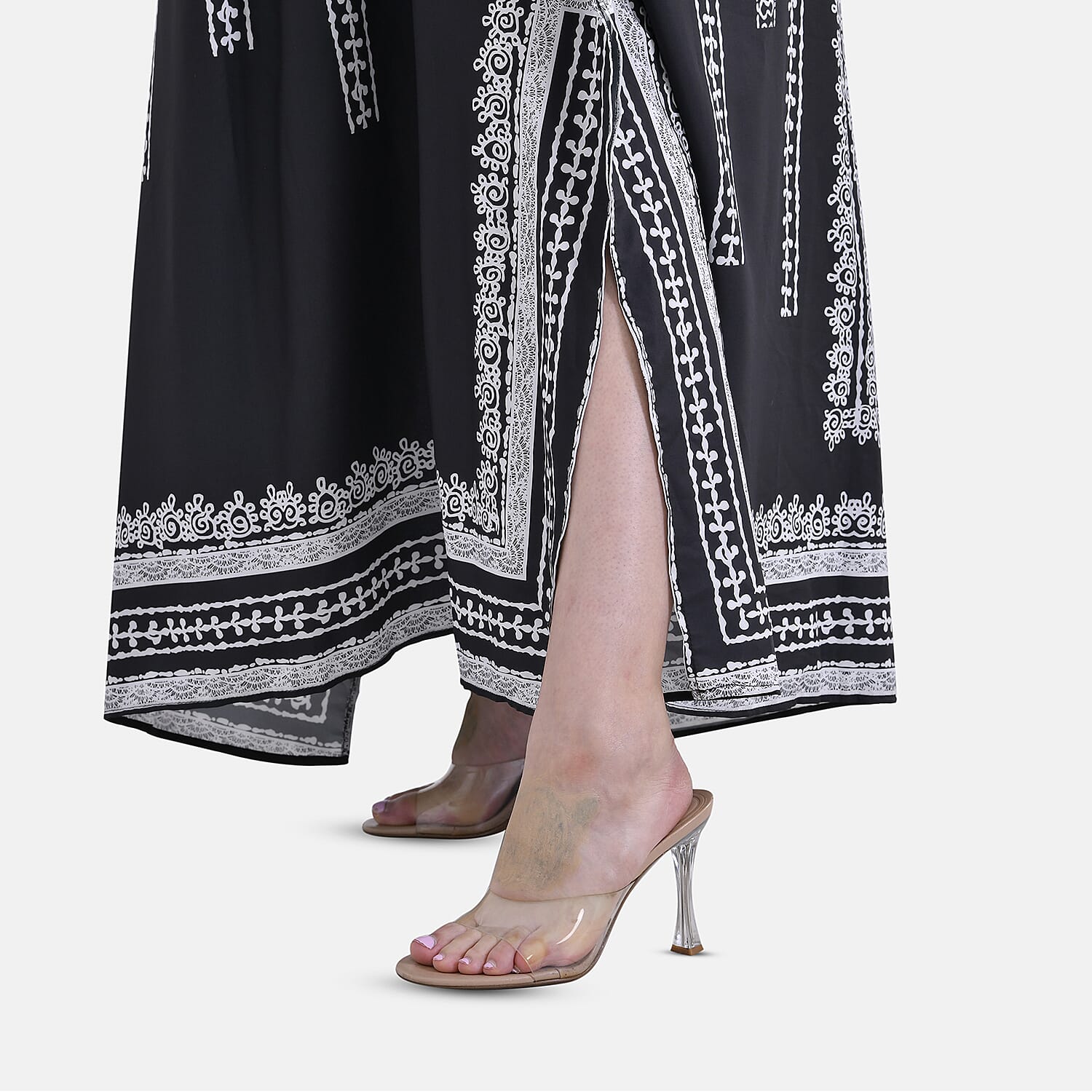 V-Neck Bikini Cover Up Dress with Side Slits and Ornate Pattern