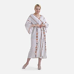 Closeout Deal- Stylish Long Sleeve Bohemian Print Long Kimono - Cream