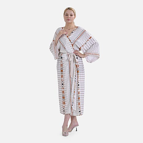 Closeout Deal- Stylish Long Sleeve Bohemian Print Long Kimono - Cream