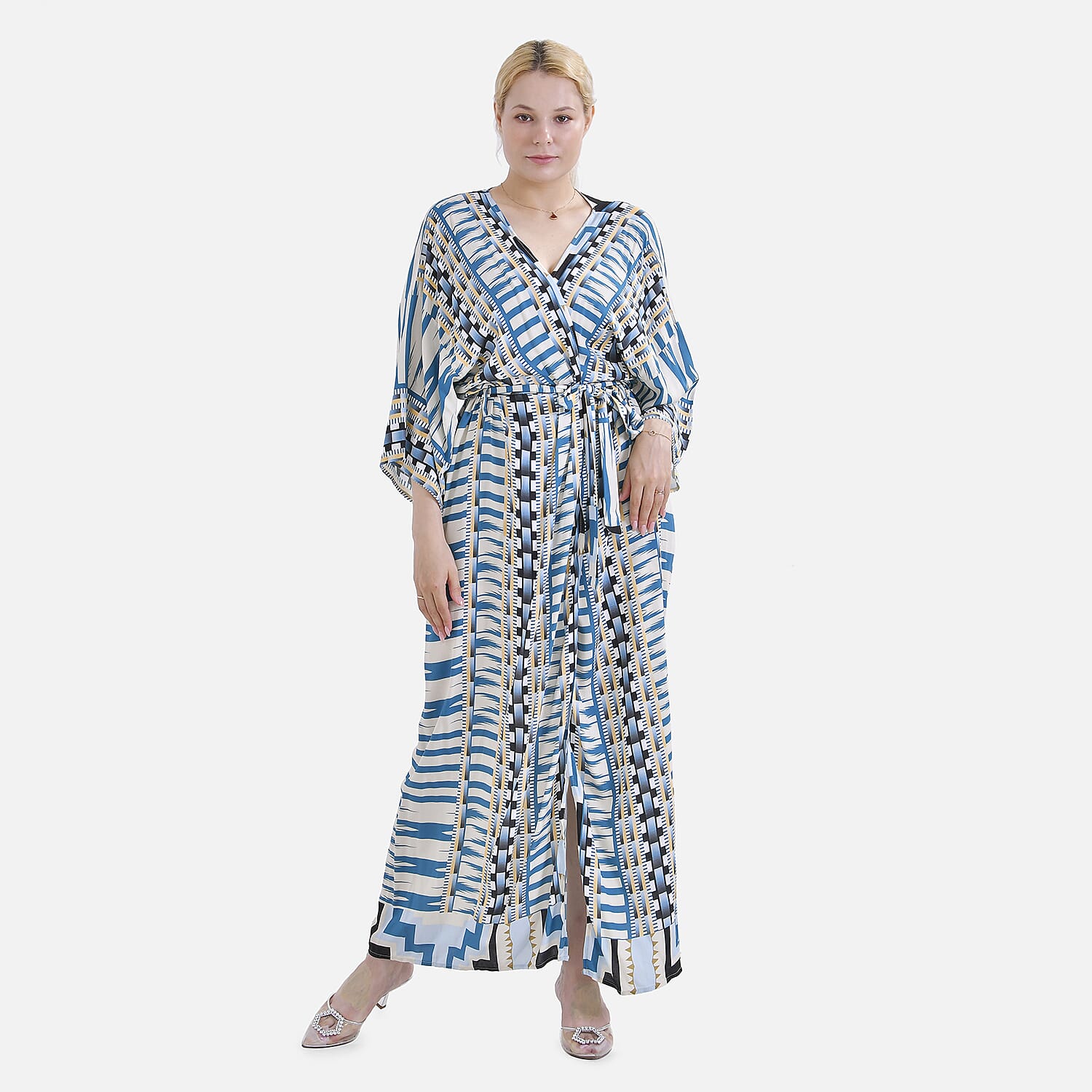 Closeout Deal- Stylish Long Sleeve Blue Geometric Print Long Kimono - Blue