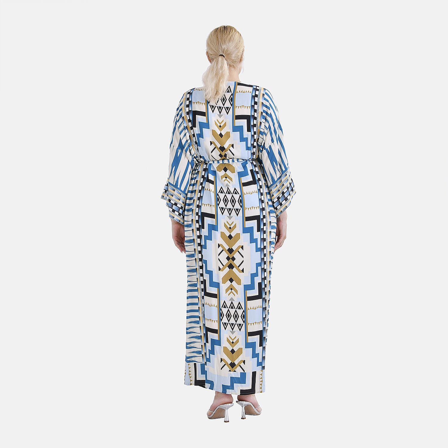Closeout Deal- Stylish Long Sleeve Blue Geometric Print Long Kimono - Blue