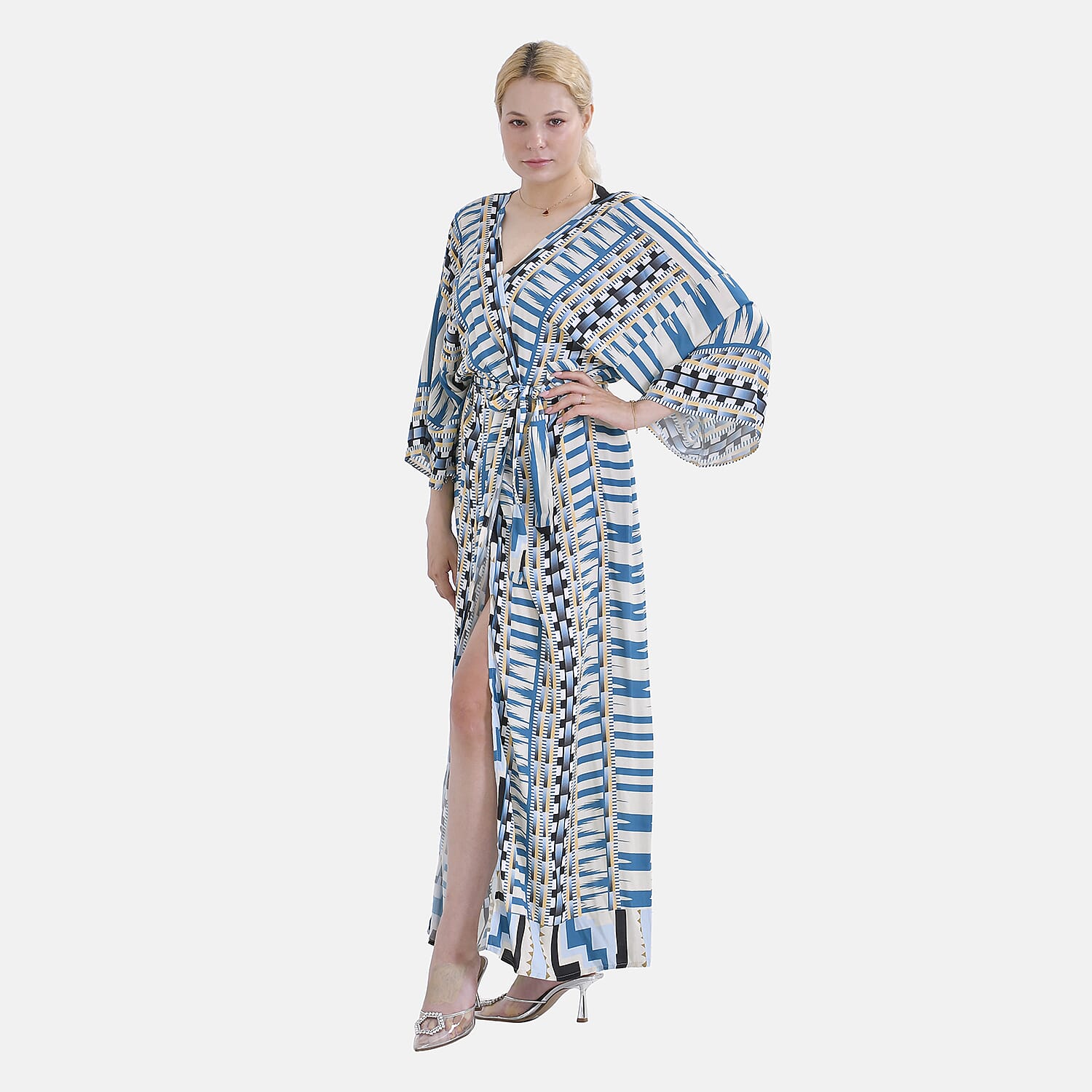 Closeout Deal- Stylish Long Sleeve Blue Geometric Print Long Kimono - Blue