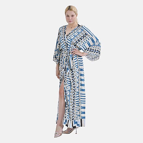 Closeout Deal- Stylish Long Sleeve Blue Geometric Print Long Kimono - Blue