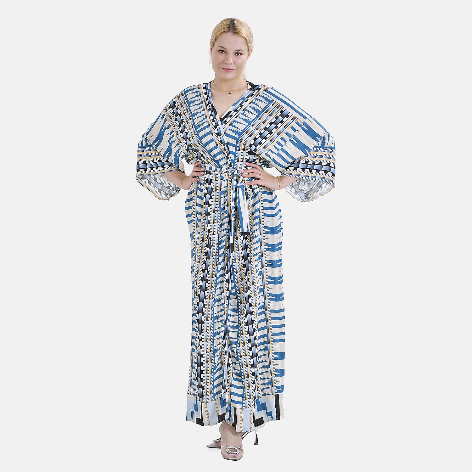 Closeout Deal- Stylish Long Sleeve Blue Geometric Print Long Kimono - Blue