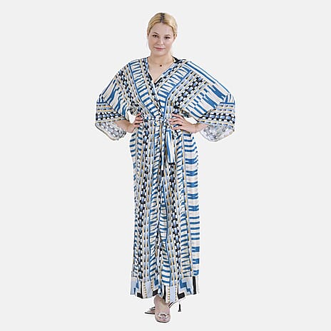 Closeout Deal- Stylish Long Sleeve Blue Geometric Print Long Kimono - Blue