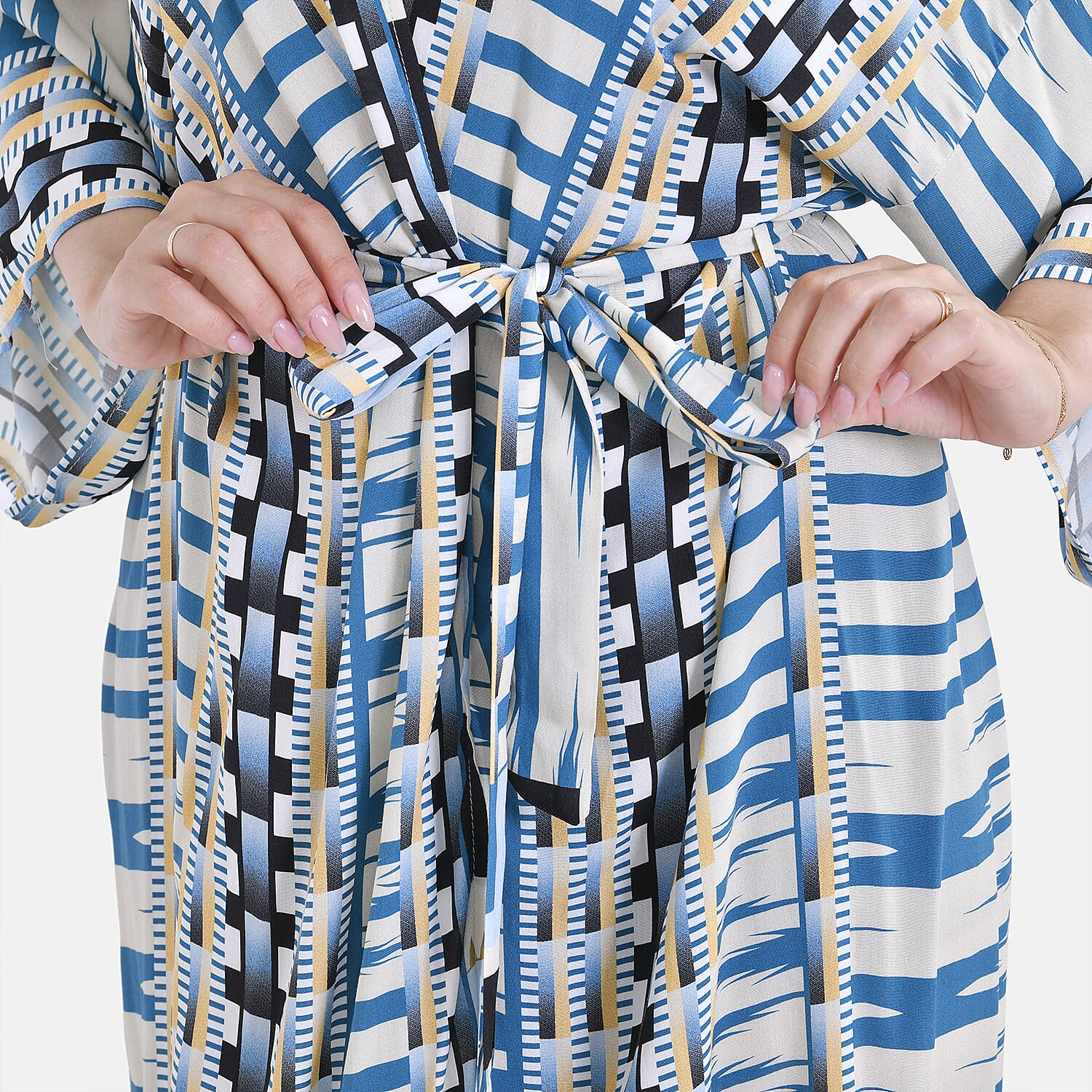Closeout Deal- Stylish Long Sleeve Blue Geometric Print Long Kimono - Blue