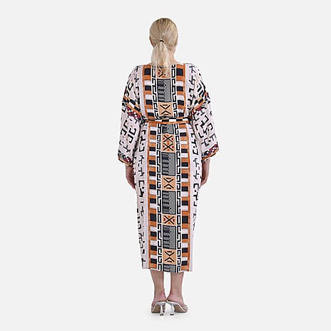 Closeout Deal- Stylish Long Sleeve Bohemian Print Long Kimono (One Size) - Brown