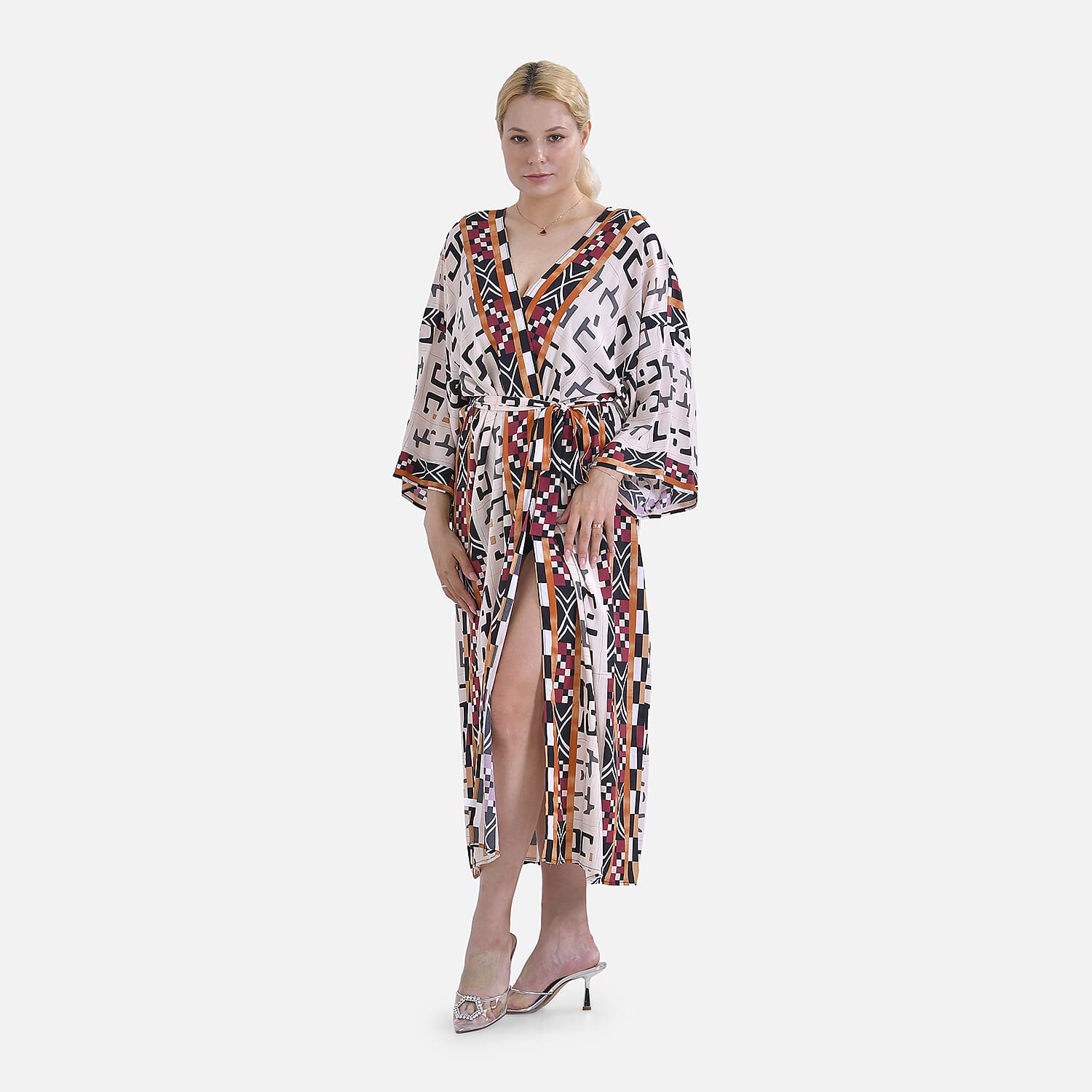 Closeout Deal- Stylish Long Sleeve Bohemian Print Long Kimono (One Size) - Brown
