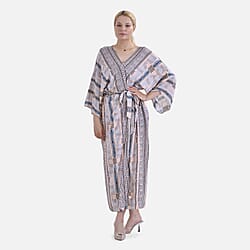 Closeout Deal- Bohemian Style Beige Multi-Stripe Long Wrap Kimono (One Size)