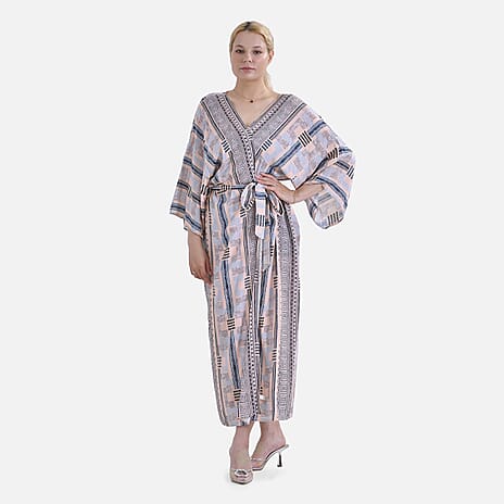 Closeout Deal- Bohemian Style Beige Multi-Stripe Long Wrap Kimono (One Size)