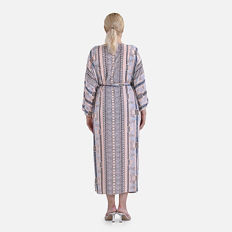 Closeout Deal- Bohemian Style Beige Multi-Stripe Long Wrap Kimono (One Size)