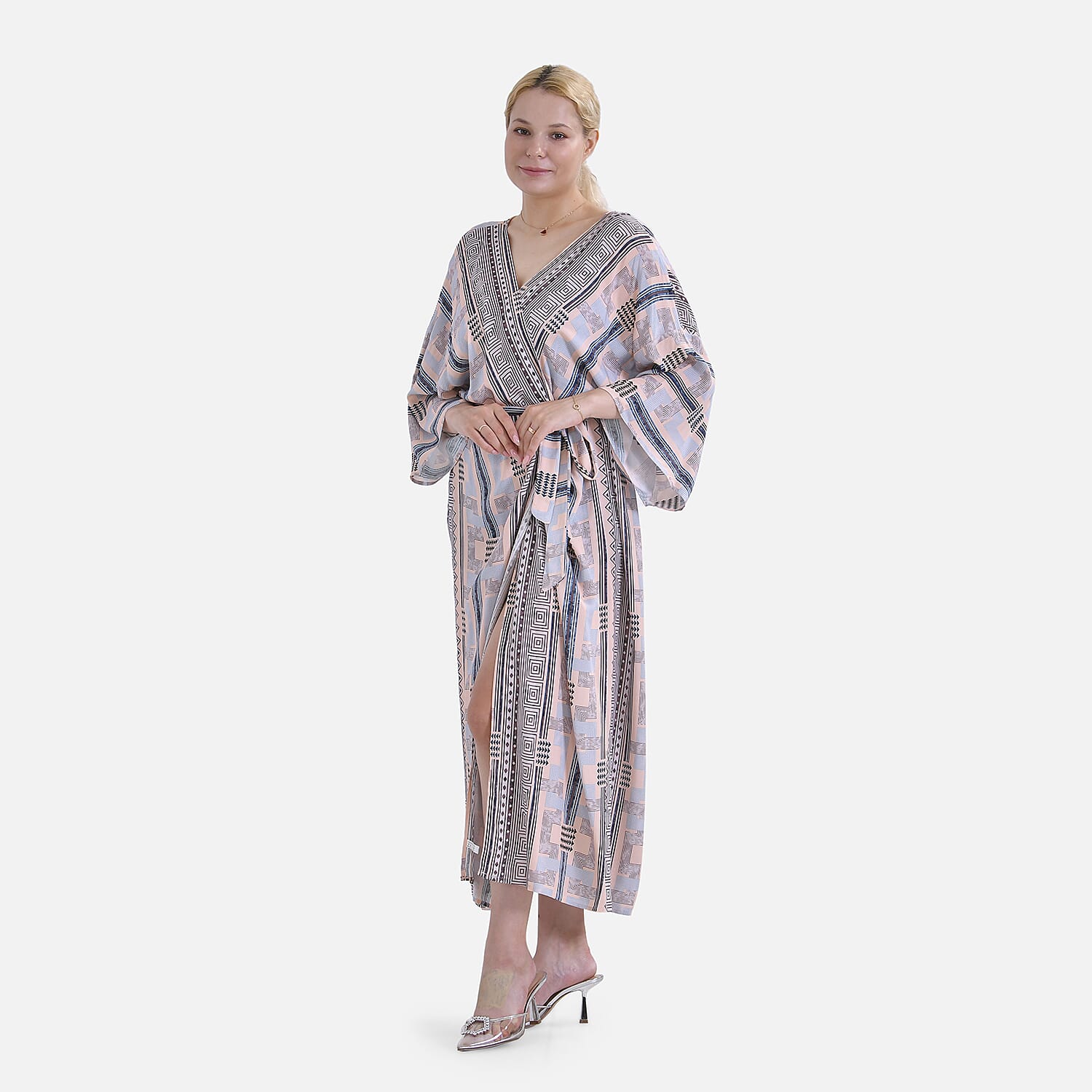 Closeout Deal- Bohemian Style Beige Multi-Stripe Long Wrap Kimono (One Size)