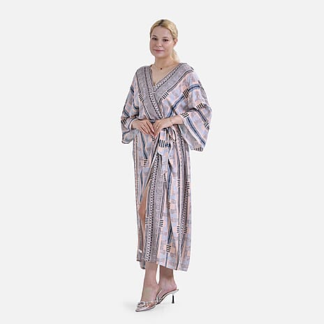 Closeout Deal- Bohemian Style Beige Multi-Stripe Long Wrap Kimono (One Size)