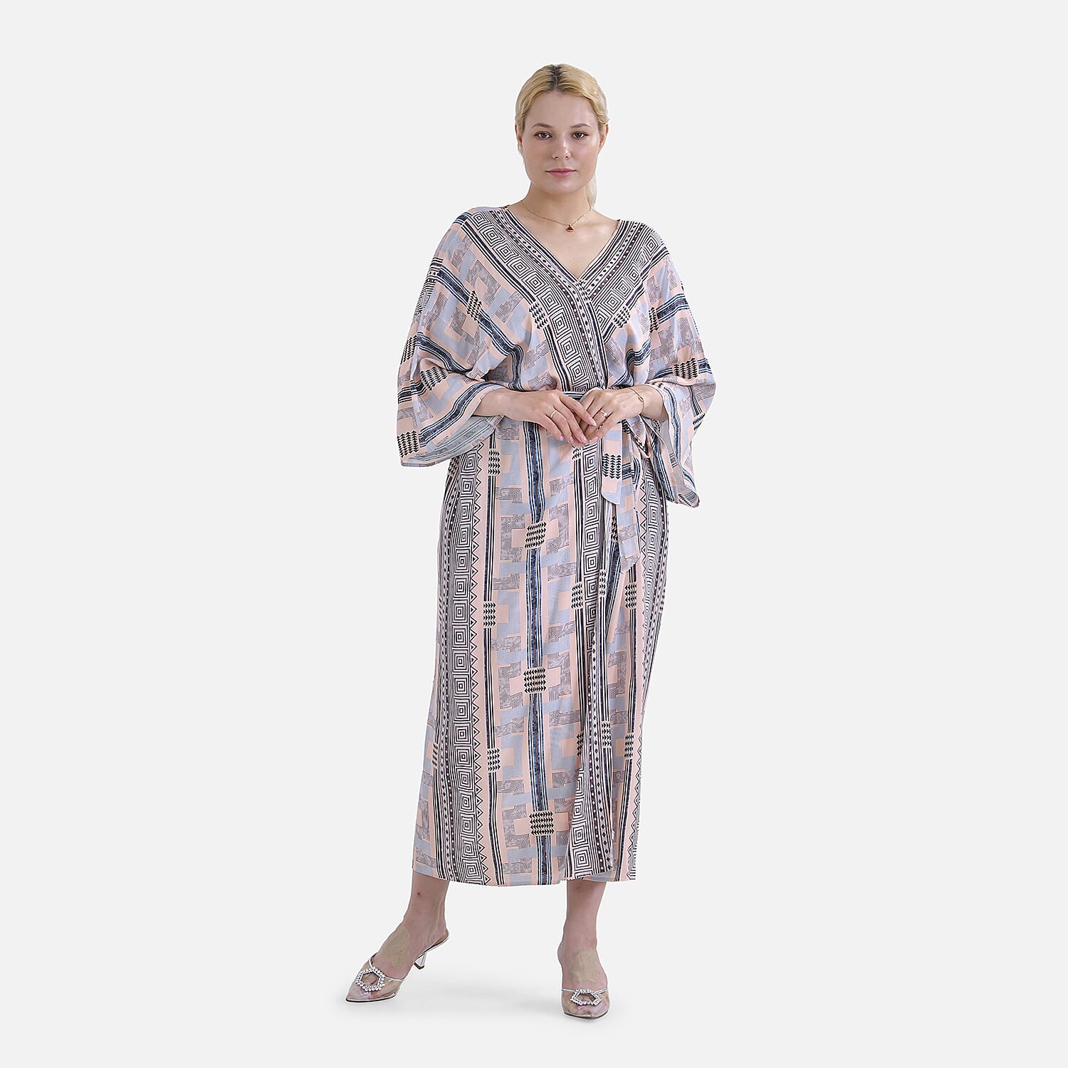 Closeout Deal- Bohemian Style Beige Multi-Stripe Long Wrap Kimono (One Size)