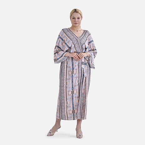 Closeout Deal- Bohemian Style Beige Multi-Stripe Long Wrap Kimono (One Size)