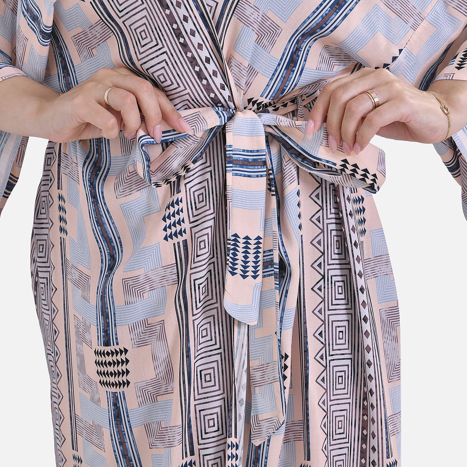 Closeout Deal- Bohemian Style Beige Multi-Stripe Long Wrap Kimono (One Size)