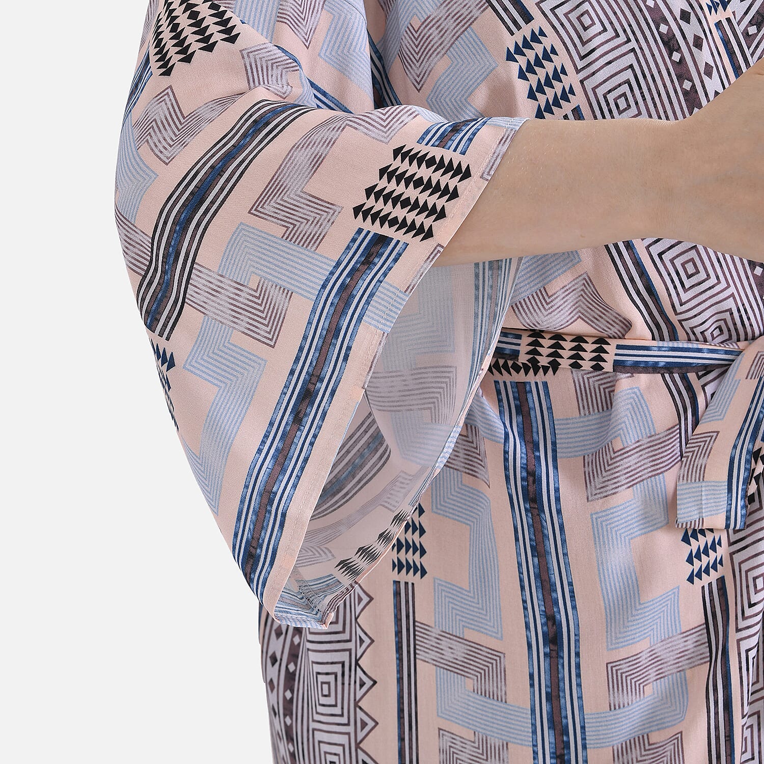 Closeout Deal- Bohemian Style Beige Multi-Stripe Long Wrap Kimono (One Size)