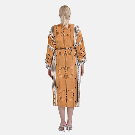 Closeout Deal- Stylish Long Sleeves Wrap Kimono with Geometric Stripe Print - Gold